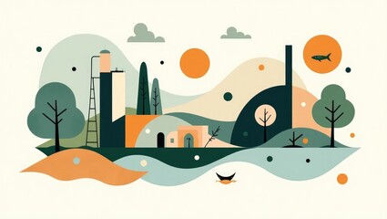 Minimalist Nature Landscape and Foliage Illustration – Modern Flat Design of Trees, Hills, and Sun