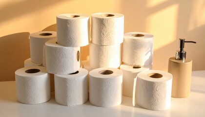Stacked White Toilet Paper Rolls with Soap Dispenser in Natural Light