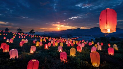 Hundreds of Sky Lanterns Illuminating a Hillside at Sunset