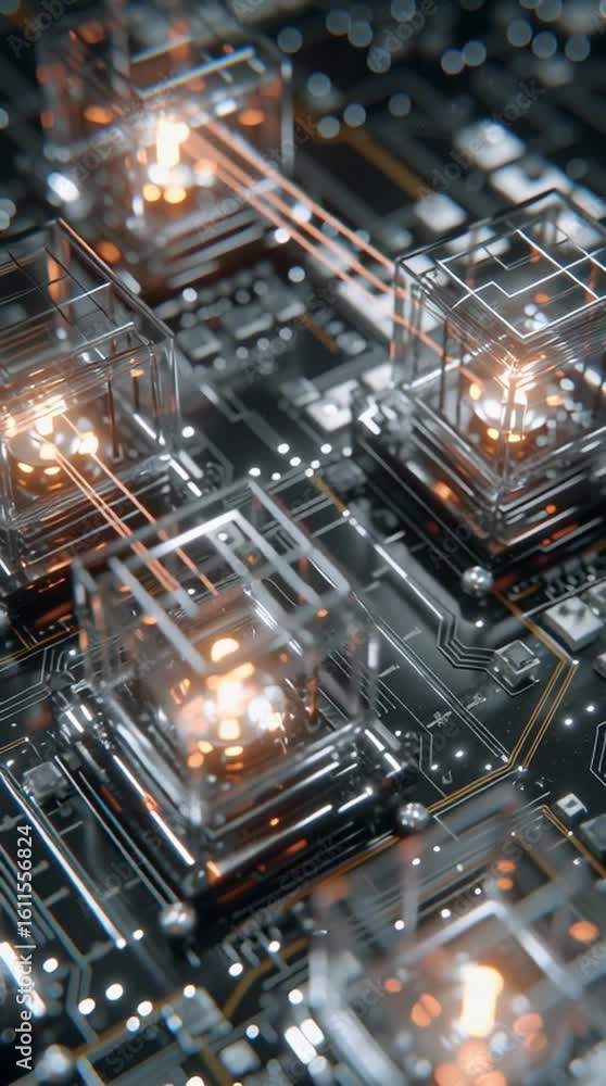 Aufkleber agi. artificial general intelligence. a close-up of illuminated transparent cubes on a futuristic el