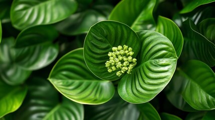 Lush green foliage with unopened buds in the center, viewed from above.