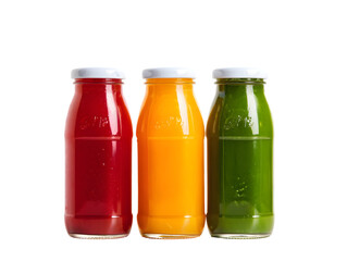 Three glass bottles filled with colorful healthy juices isolated on a transparent background png file 