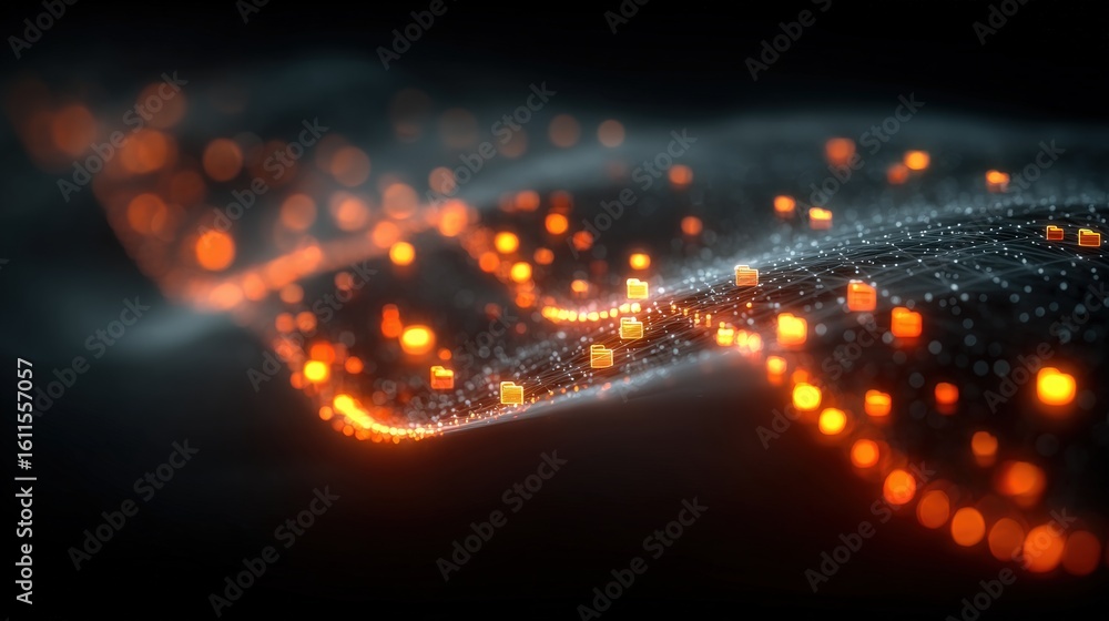 Poster a futuristic digital landscape with glowing orange lights and data points creating a wave-like netwo