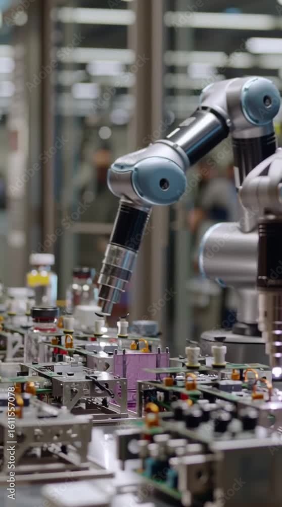 Poster agi. artificial general intelligence. robotic arms operate in a high-tech laboratory, assembling ele