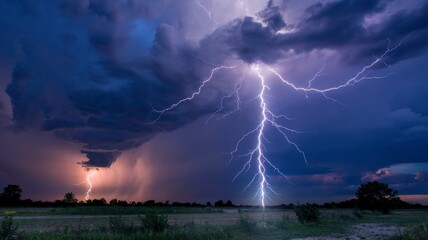 Dramatic Lightning Strike Over Rural Landscape at Dusk
