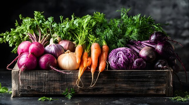 Colorful assortment of fresh vegetables in a wooden crate. - Powered by Adobe