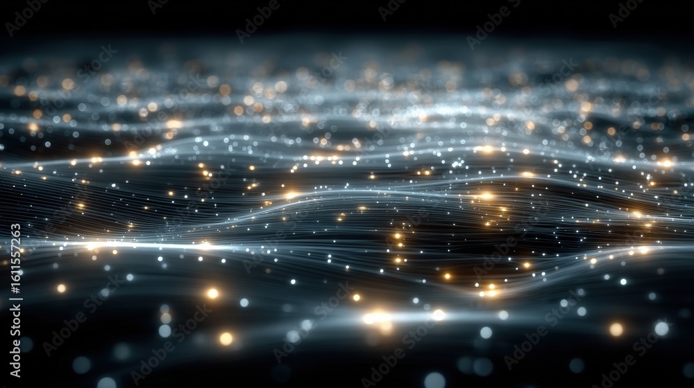 Poster a futuristic digital landscape with glowing nodes and interconnected lines forming a dynamic network
