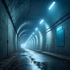 Dimly lit underground tunnel with cool blue fluorescent lights and damp walls.
