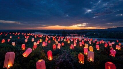 Hundreds of Illuminated Sky Lanterns at Sunset Over Scenic Landscape
