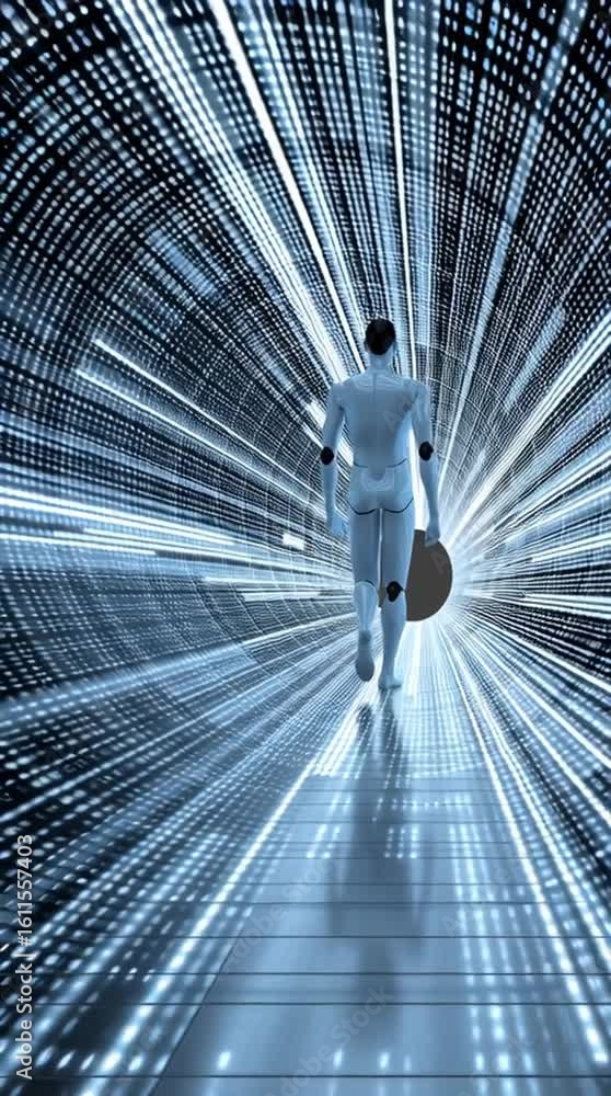 Poster agi. artificial general intelligence. a humanoid robot walks through a tunnel made of digital lights