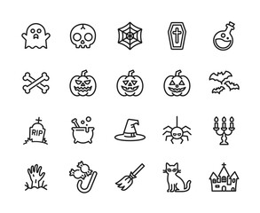 線で構成されたシンプルなハロウィン、ホラーのアイコンセット　ベクター素材	