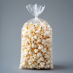 Bag of freshly popped popcorn tied with a clear plastic bag