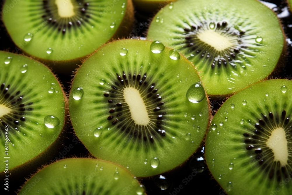 Poster close up of juicy kiwi slices with water drops, creating a refreshing and vibrant image