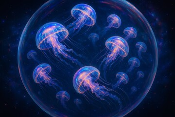 Glowing Jellyfish Performing in Zero Gravity Bubble with Galaxy Background