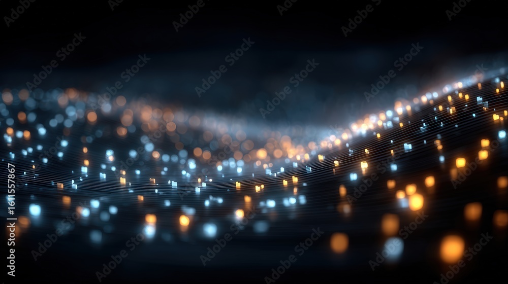 Poster an abstract digital landscape with glowing light particles and lines forming wave-like patterns on a