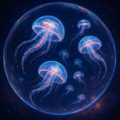 Glowing Jellyfish Floating in Space Bubble With Stars and Prismatic Light Trails