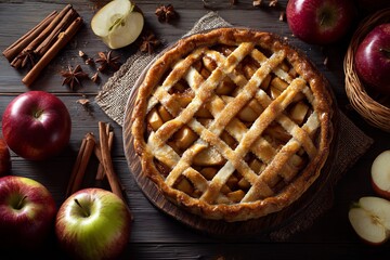 A beautifully arranged apple pie rests on a wooden surface, complemented by vibrant fresh apples and aromatic cinnamon sticks. This delightful setup is perfect for celebrating National Siblings Day.