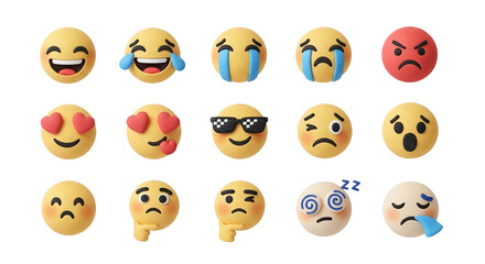 A collection of diverse 3D rendered emoji faces expressing various emotions.