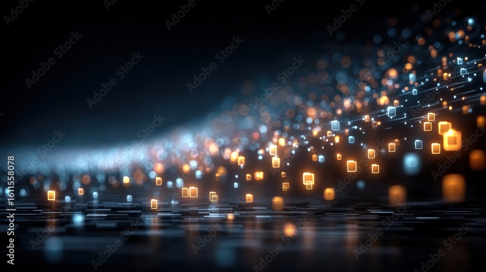 Poster abstract digital landscape with glowing orange and blue data blocks and connections, representing fu