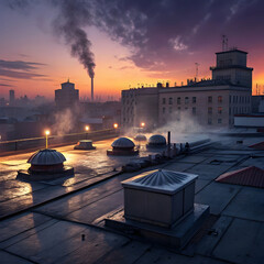 Empty rooftop at twilight in an old city with industrial vents and a dusky sky.