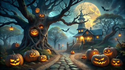 Photo of a haunted forest scene with glowing jackolanterns on a gnarled tree and a spooky house under a full moon