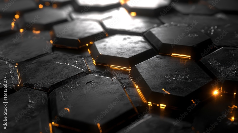 Poster dark hexagonal grid with glowing orange edges.
