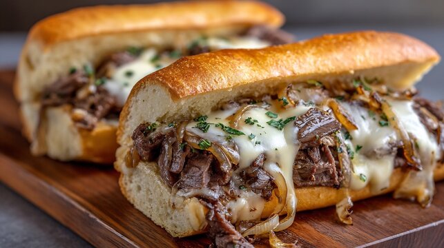 Philly cheesesteak sandwich loaded thinly sliced beef melted provolone and sauted onions
