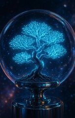 Glowing Circuit Bonsai Tree Inside Glass Bubble Floating in Outer Space on Chrome Pedestal