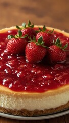 A classic New York-style cheesecake topped with a rich layer of strawberry compote and fresh strawberries on top