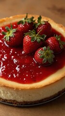 A classic New York-style cheesecake topped with a rich layer of strawberry compote and fresh strawberries on top