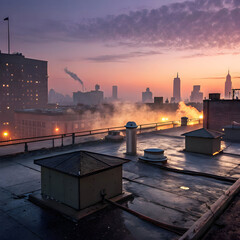 Empty rooftop at twilight in an old city with industrial vents and a dusky sky.