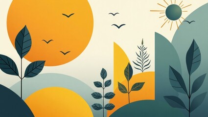 Minimalist Nature Landscape and Foliage Illustration – Modern Flat Design of Trees, Hills, and Sun