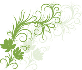 Elegant Green Floral Design Element with Swirls and Leaves on White Background