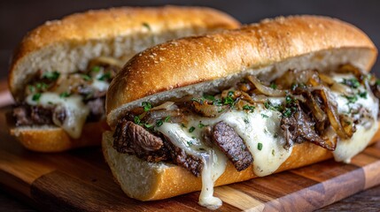 Philly cheesesteak sandwich loaded thinly sliced beef melted provolone and sauted onions