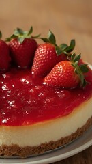 A classic New York-style cheesecake topped with a rich layer of strawberry compote and fresh strawberries on top