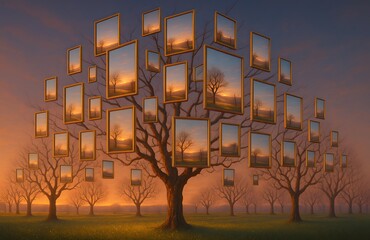 Leafless Tree Orchard with Floating Golden Framed Mirrors Reflecting Alternate Sunset Landscape