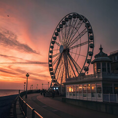 Ferris wheel centered in frame at twilight with a glowing sky and soft lights.