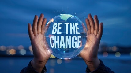 Be the Change Hands Holding a Global Hologram with Inspirational Message