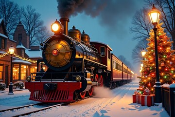 Holiday train ride through snowy winter wonderland