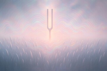 Tuning Fork in Pastel Fog Emitting Sound Waves Over Resonant Reed Field at Sunrise
