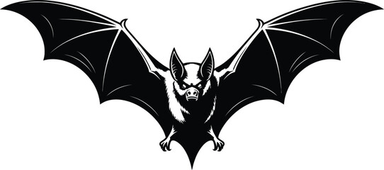 Fierce black bat with outstretched wings flying white