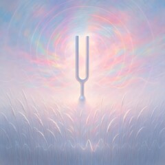 Giant Tuning Fork Emitting Colorful Sound Waves in Misty Field of Silver Grass at Sunrise