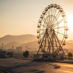 Giant Ferris wheel structure lit by golden hour sunlight with soft shadows.