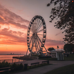 Ferris wheel centered in frame at twilight with a glowing sky and soft lights.