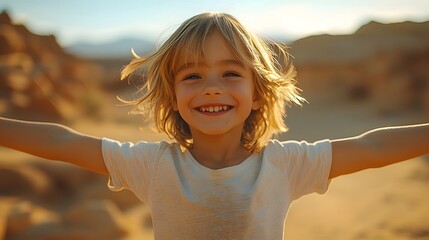 Joyful child spinning with arms outstretched in desert landscape