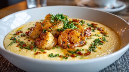 Southern shrimp grits with creamy cheese base garnished with herbs in a modern bistro setting
