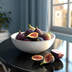 Still life of fresh figs in a white bowl on a smooth surface with soft lighting.