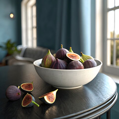 Still life of fresh figs in a white bowl on a smooth surface with soft lighting.