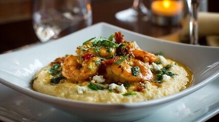 Southern shrimp grits with creamy cheese base garnished with herbs in a modern bistro setting