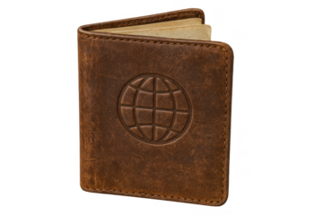 Leather Passport Holder with Globe Symbol on Transparent Background